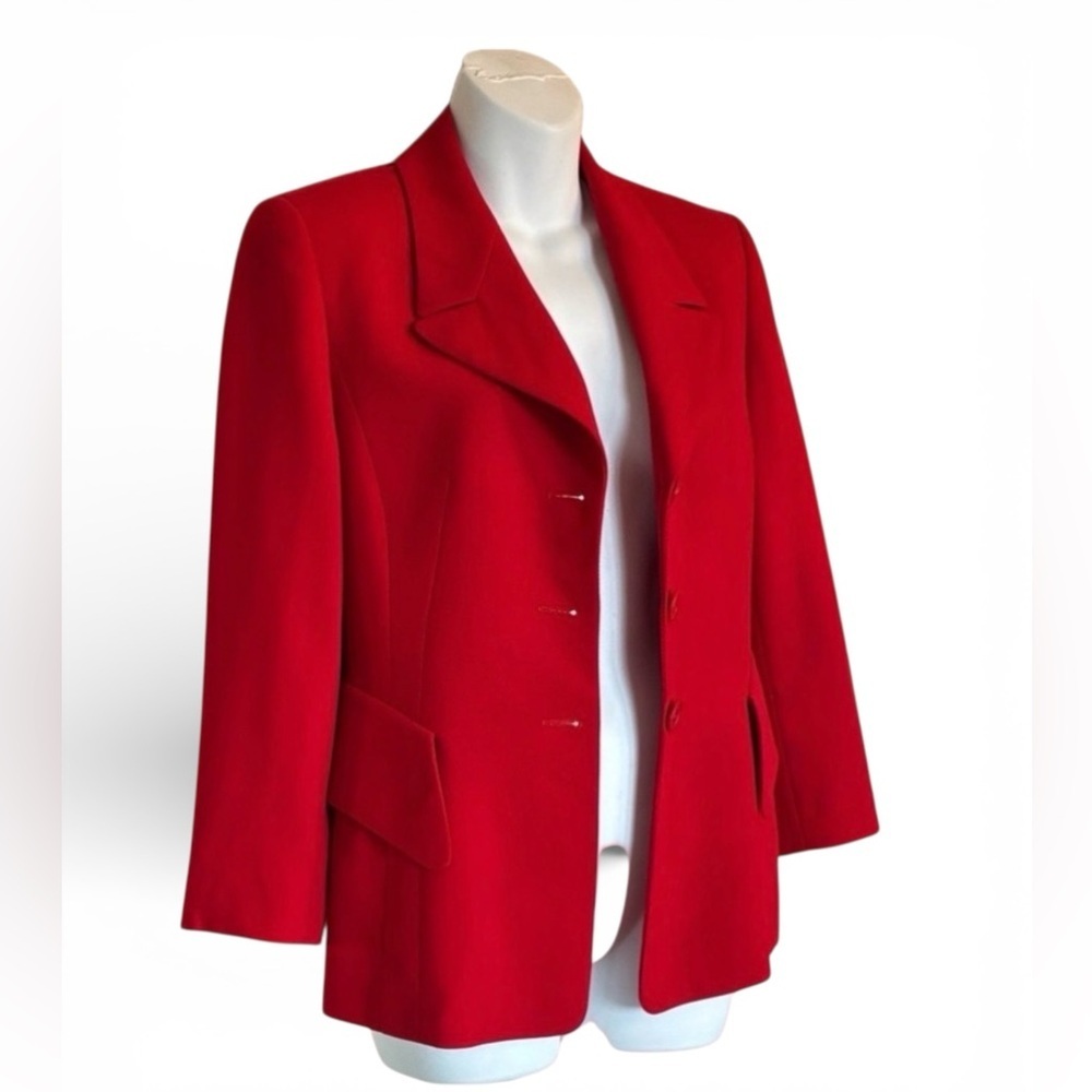 Escada Blazer, women's 34, red Classic, Tailored, Virgin Wool, Flap Pockets EUC